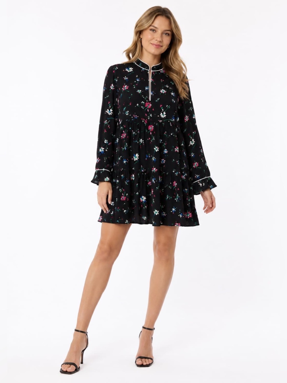 Maje Black Floral Tiered Mini Dress White Contrast Trim Hidden Side Zip Size 3